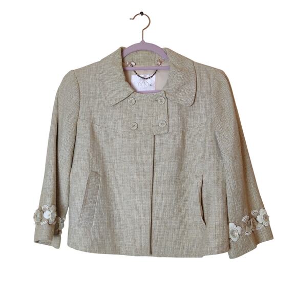 Rebecca Taylor Tweed Cropped Beaded Jeweled Blazer Beige 4 Preppy Old Money - Picture 1 of 13
